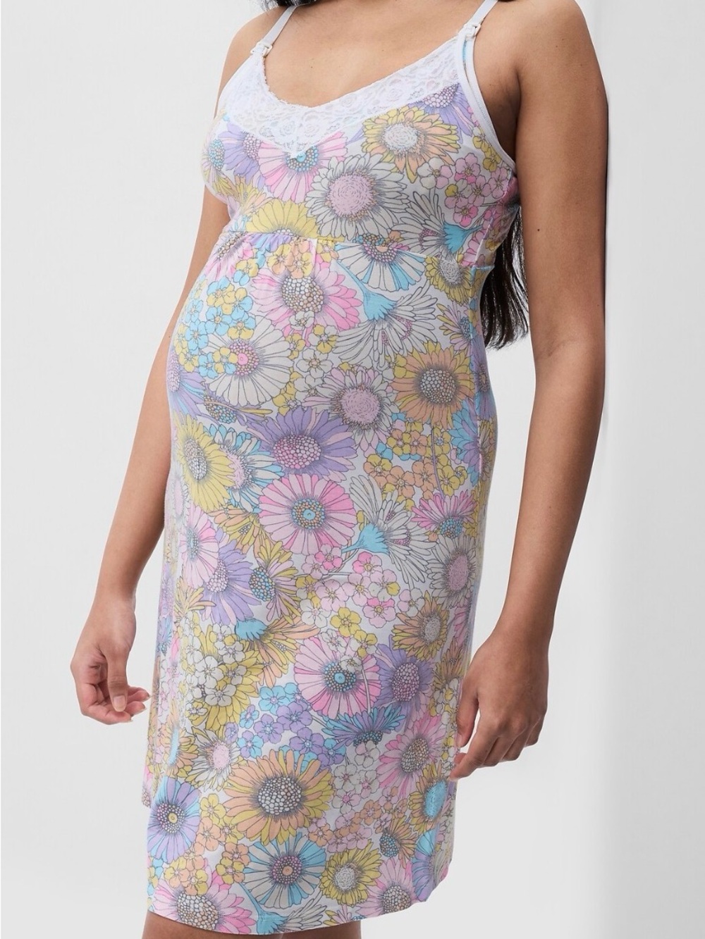 GAP Maternity Pastel Floral Slip Nursing Pajama Dress with Lace L